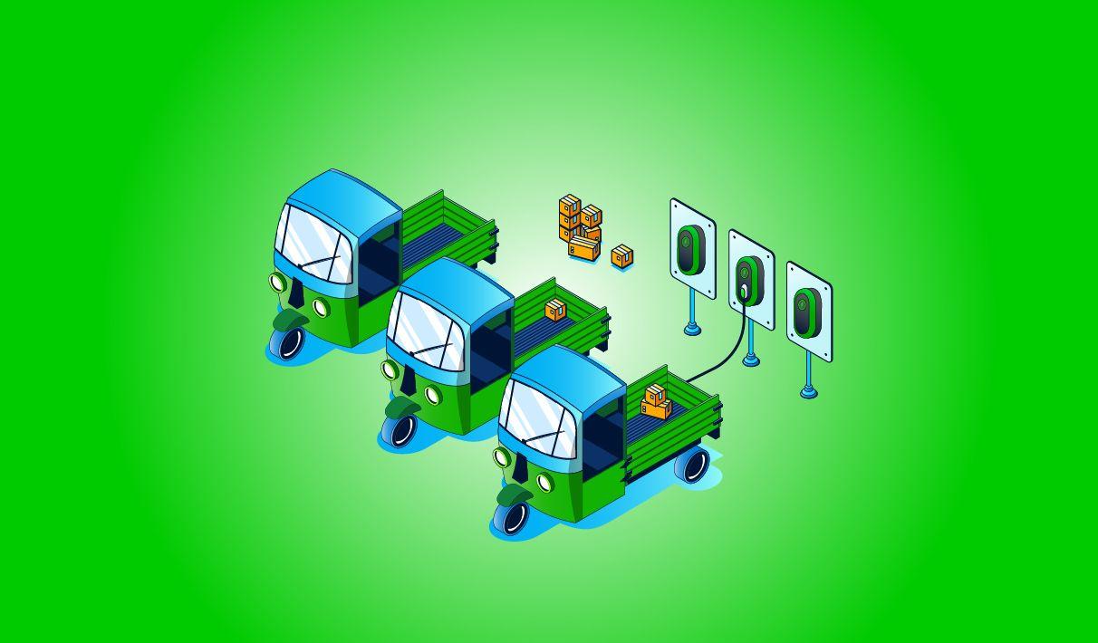 A graphic showing a row of electric 3-wheeled commercial vehicles charging
