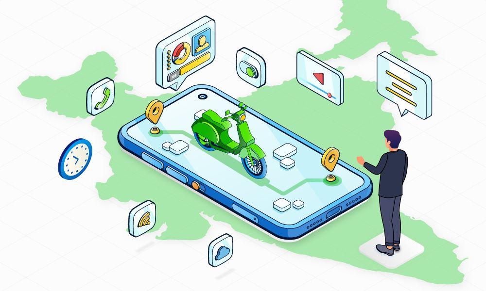 Infographic of a scooter on a phone, over a map of India. A person is navigating through apps, diagnostics, and charging points to customize their EV.