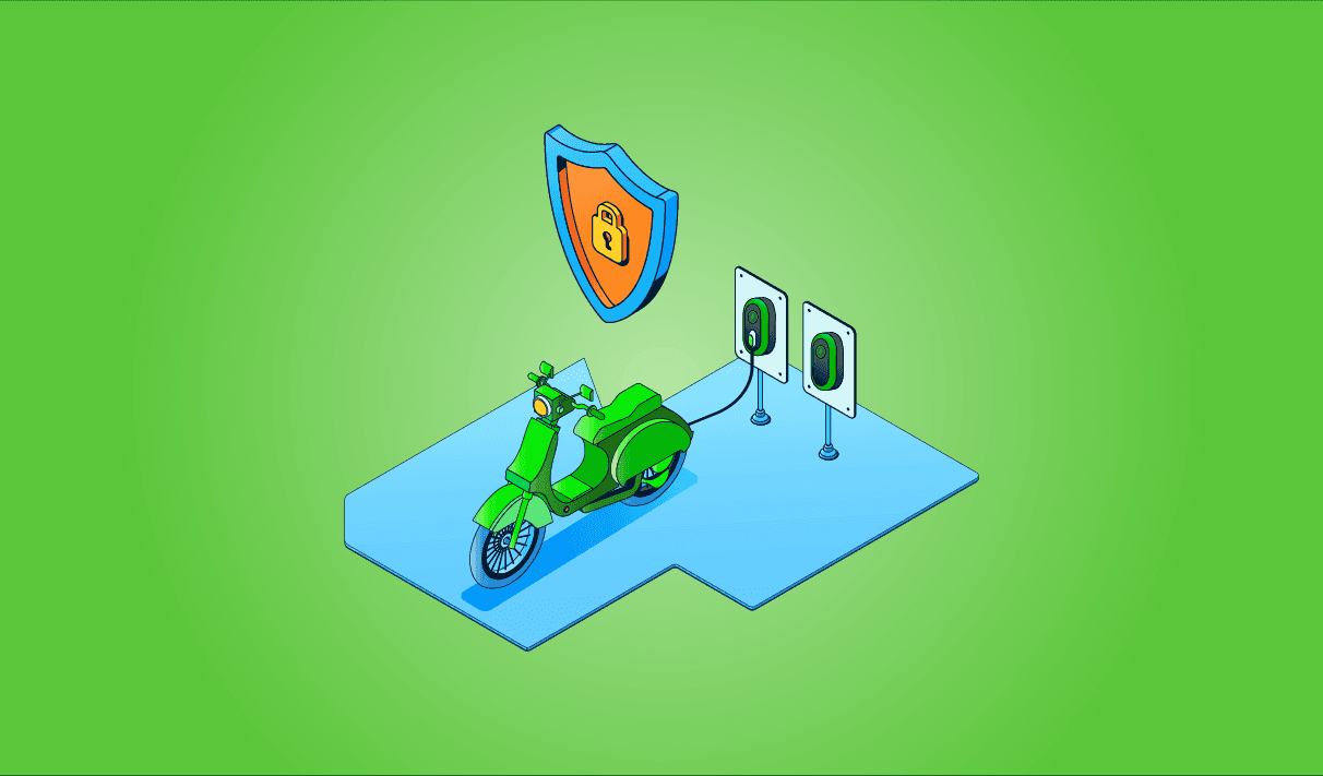 A graphic of an electric two-wheeler plugged in to charge beneath a security symbol