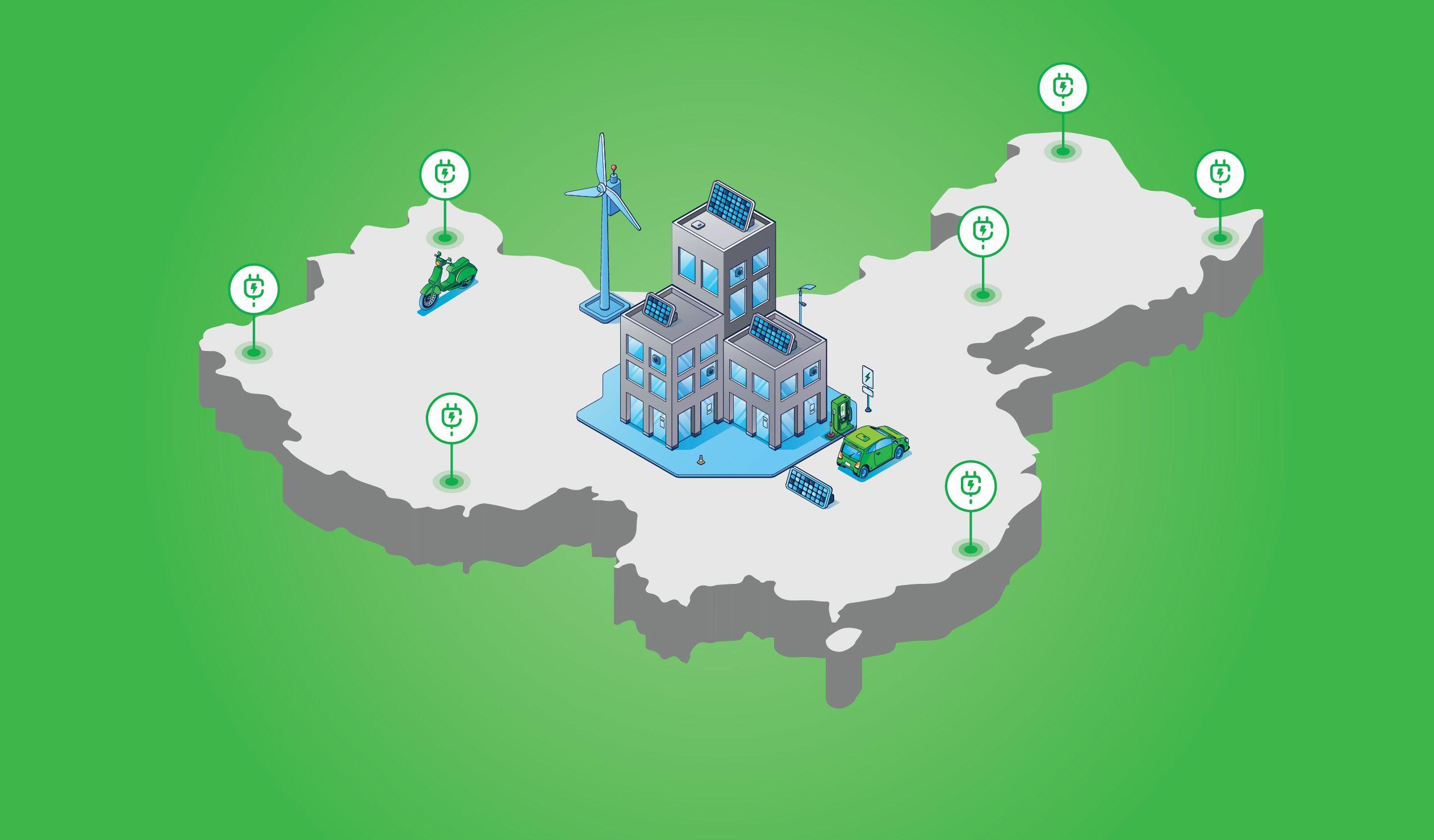 A graphic showing electric vehicles, charging points, and a building with solar panels superimposed on a map of China