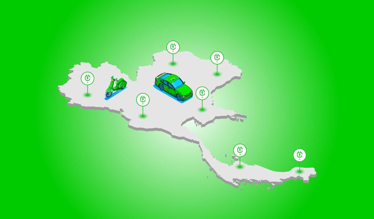 Illustration of the Thailand map with charging points and EVs dotted across.