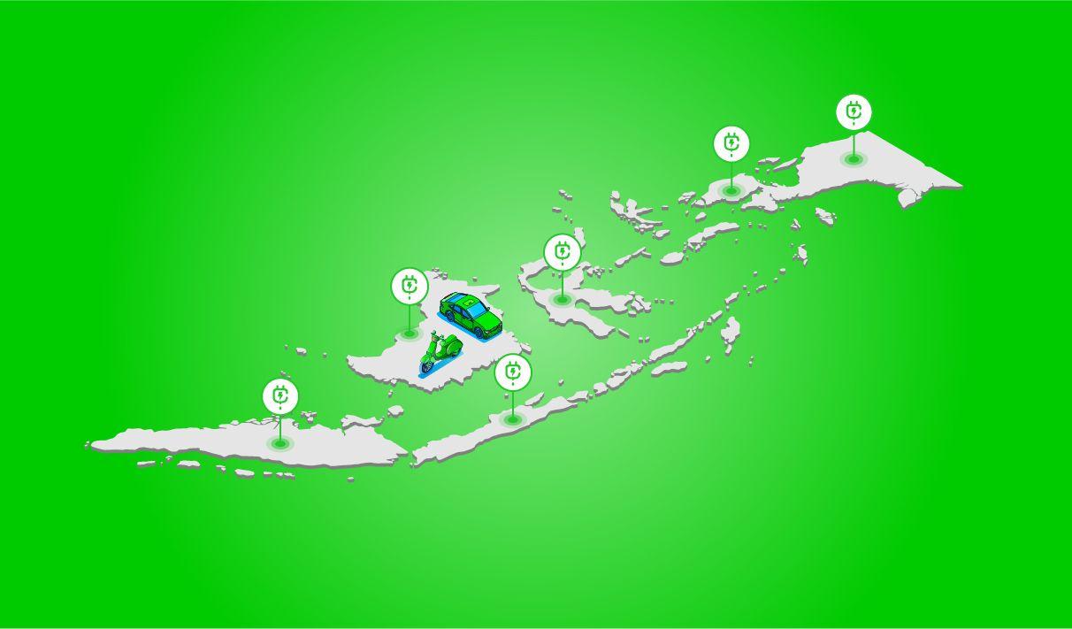 A graphic showing electric vehicles and charging points over a map of Indonesia