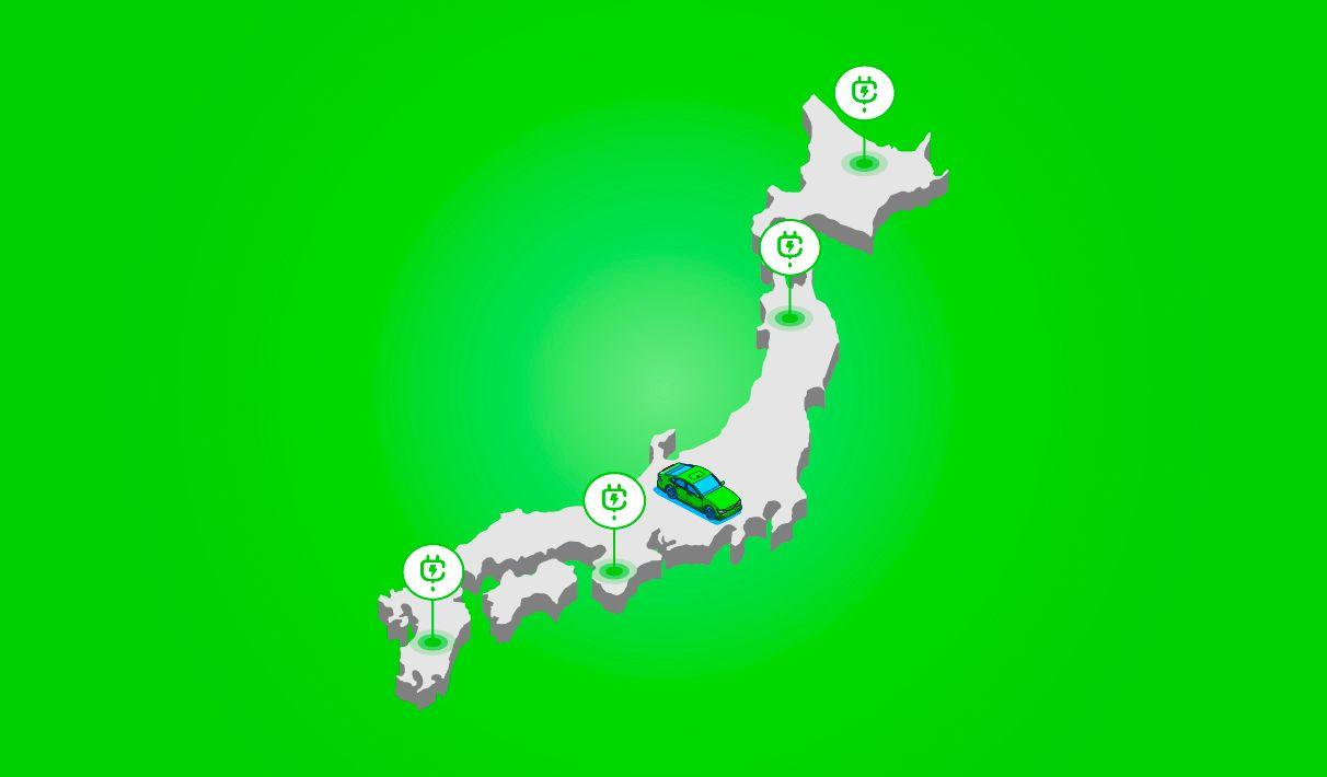 A graphic showing an electric car and charging points superimposed on a stylized outline of Japan