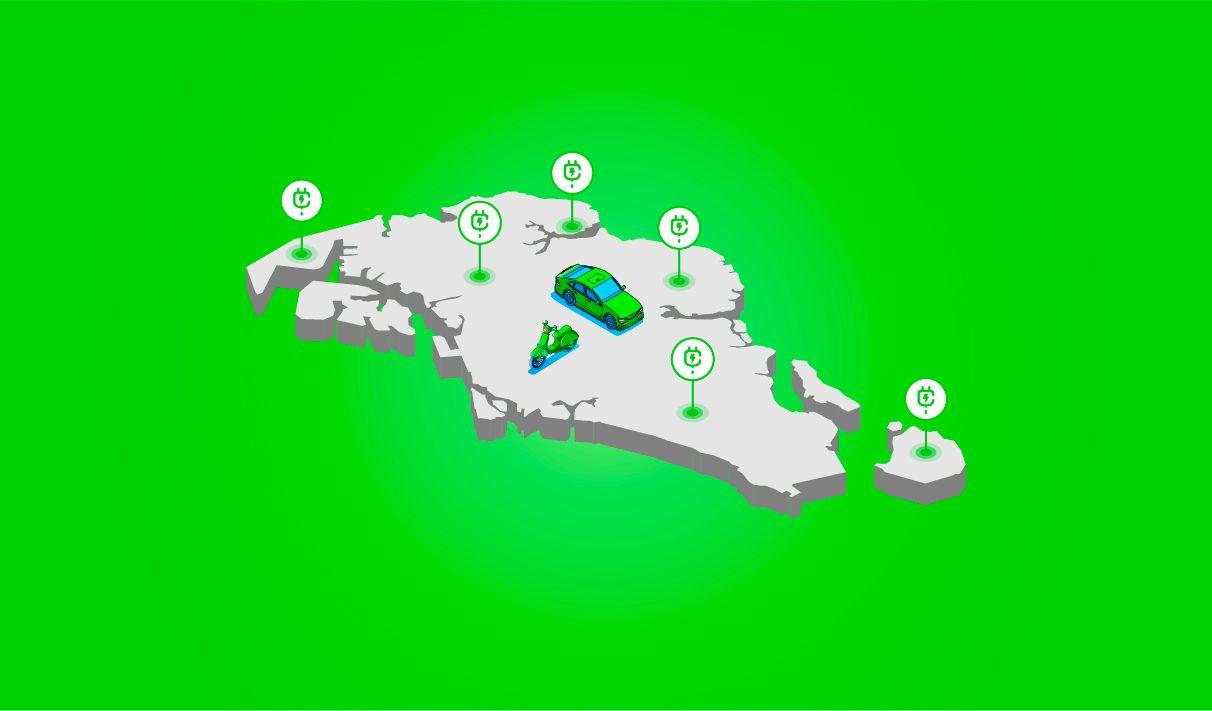 Drawing of two EVs and EV charging points on a map of Singapore