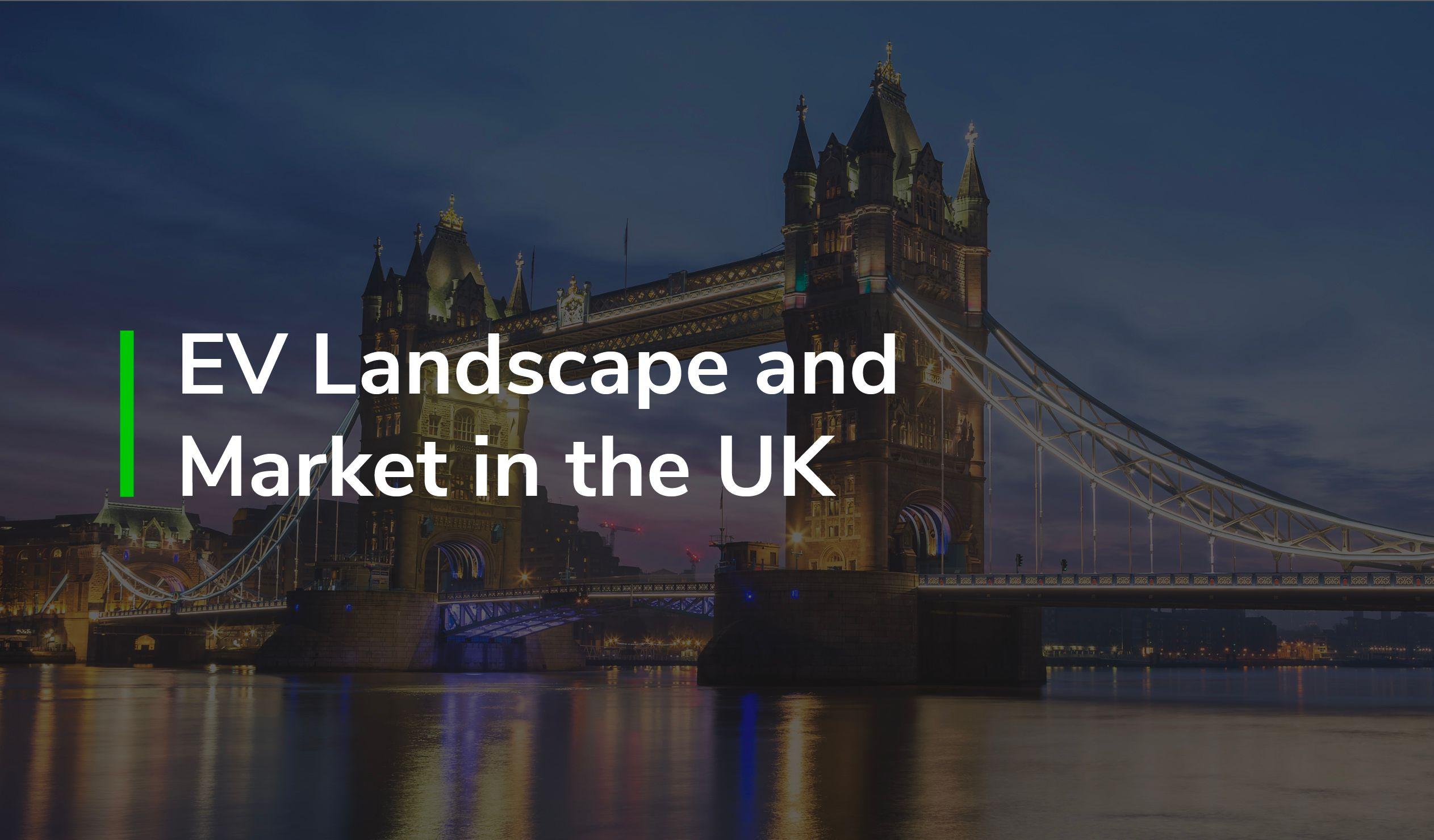 The words "EV Landscape and Market n the UK," superimposed on a photo of Tower Bridge in London