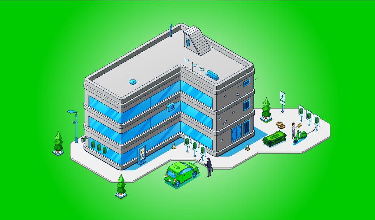 A depiction of EVs charging outside a large commercial building, amid stacks of coins and cash