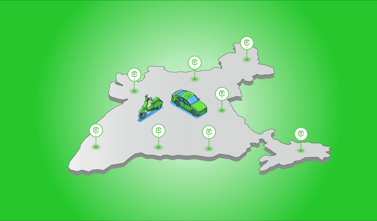 A graphic showing electric vehicles and charging points superimposed on a map of India