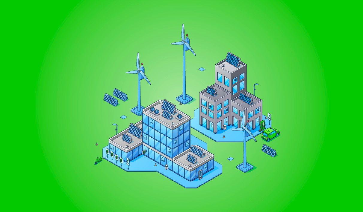 A drawing of wind turbines and solar panels powering community EV charging points.