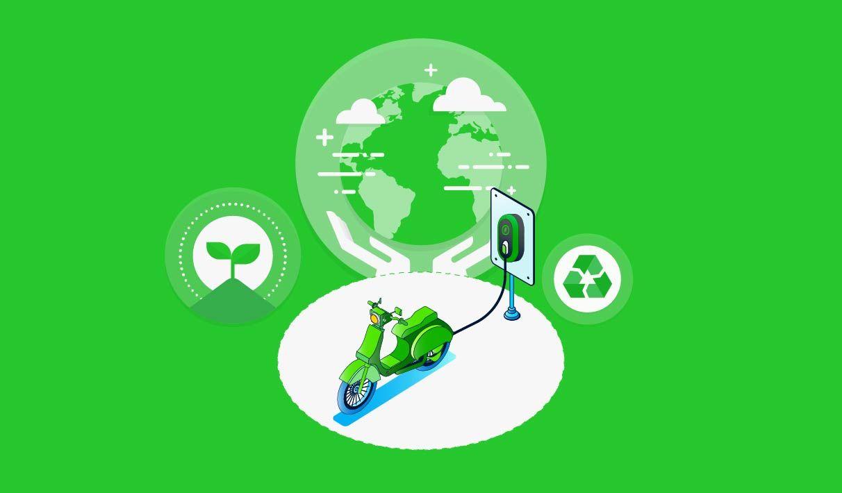 A drawing of an electric motorcycle plugged in to charge, flanked by symbols that evoke the environmental benefits of EVs