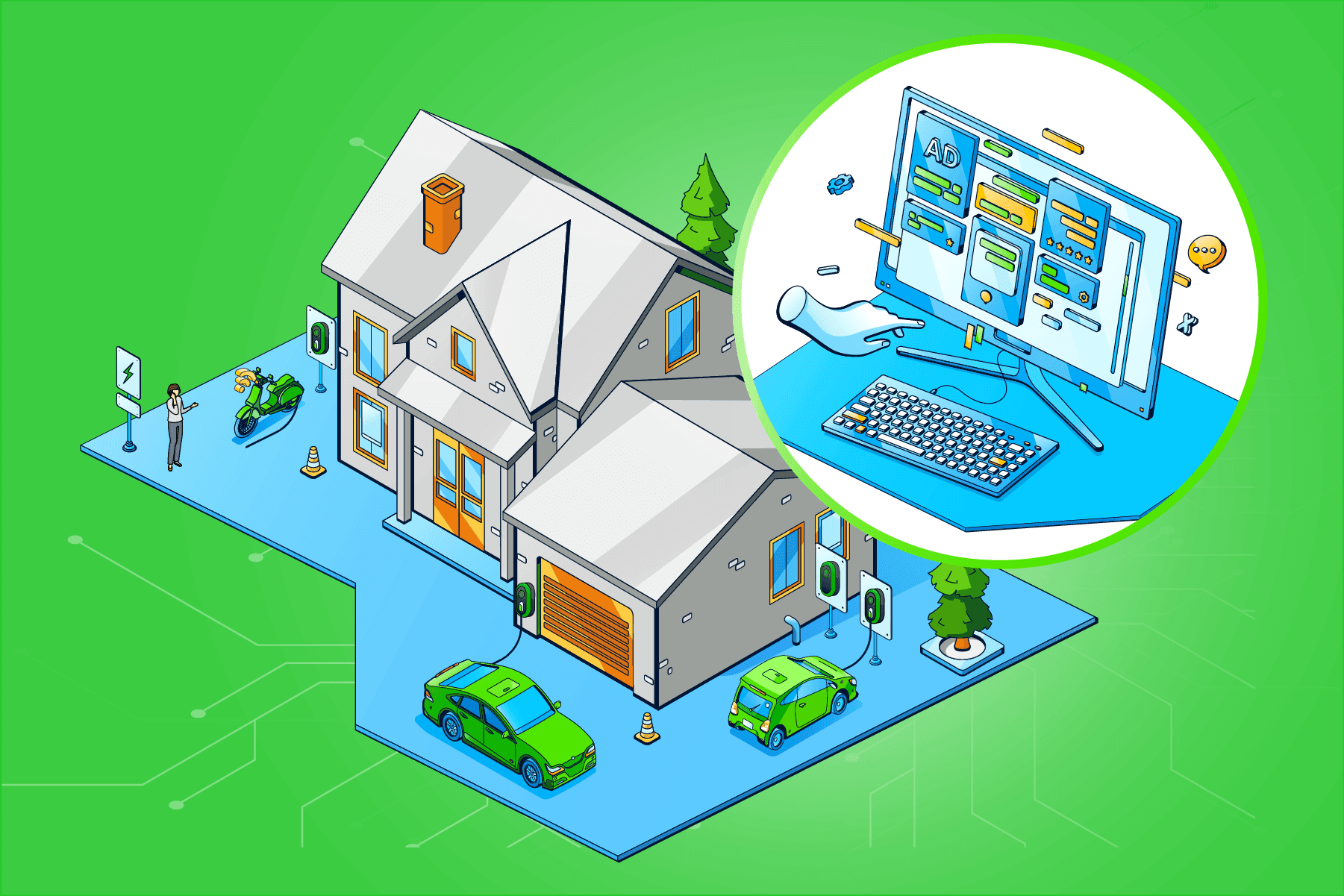 image of a hand using a computer with different components, and an EV charging to the side.