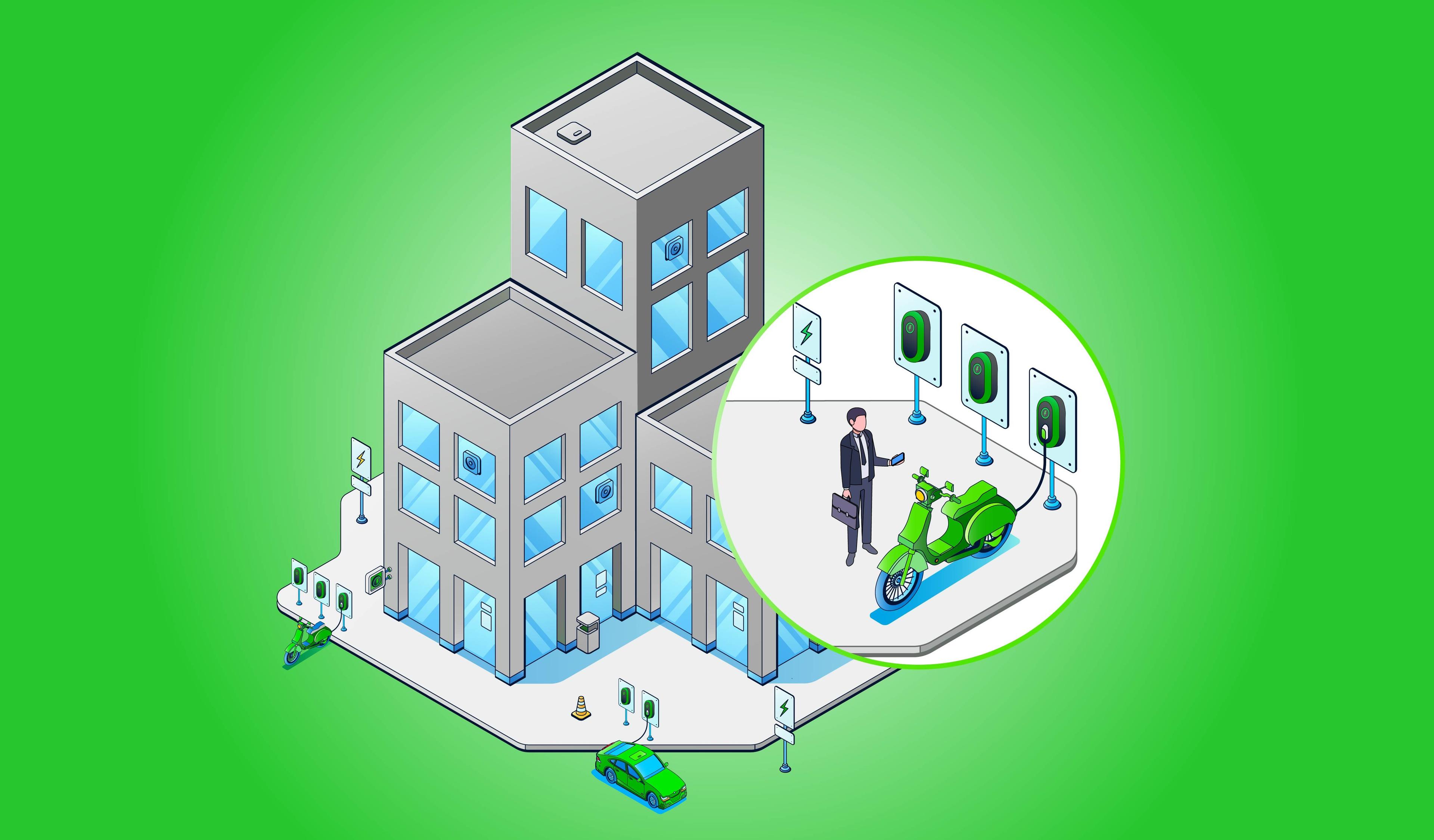 Drawing of an apartment complex with several EV charging stations charging different types of EVs.