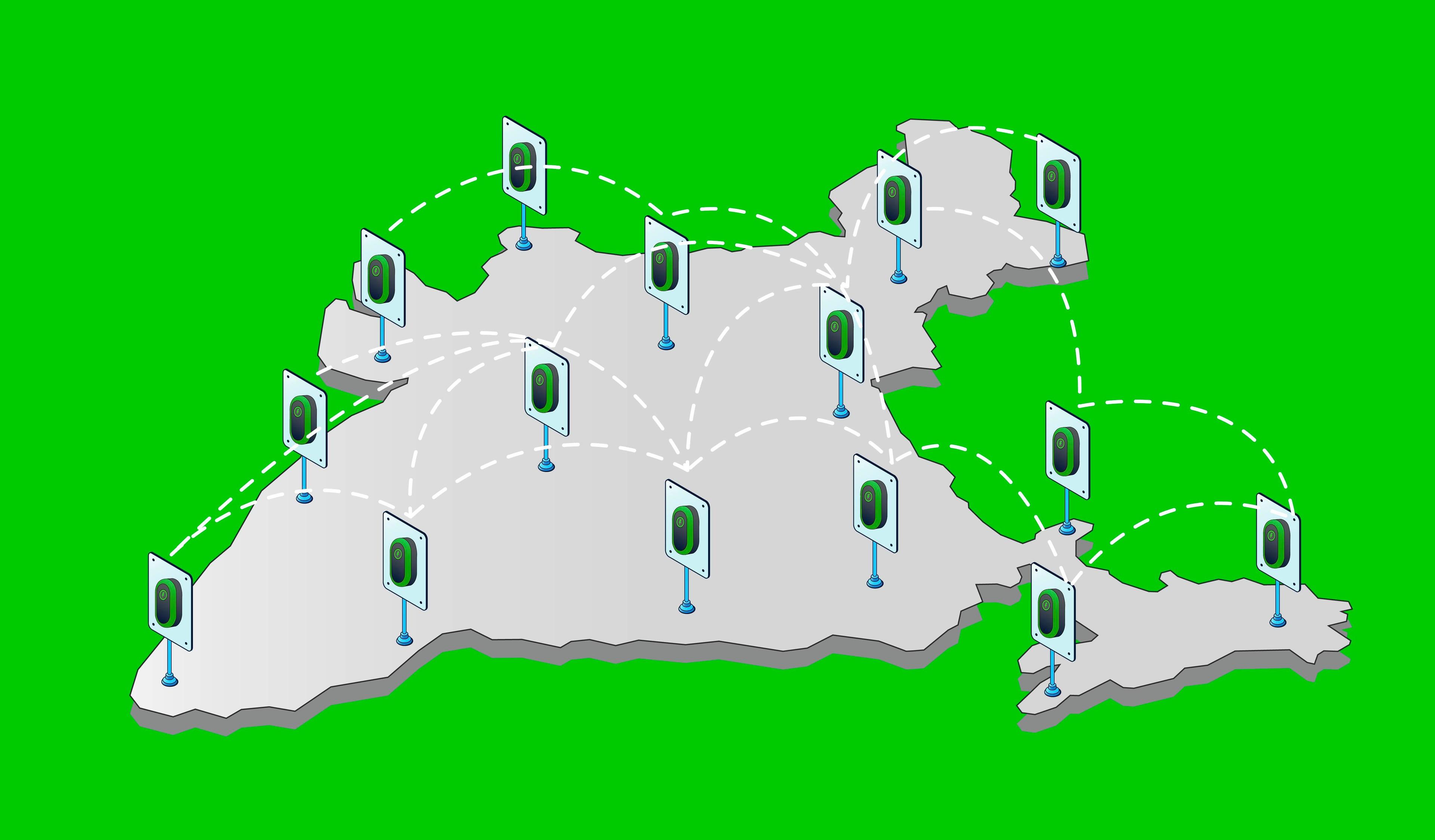 Image of India with a network of charging stations dotted across the country.