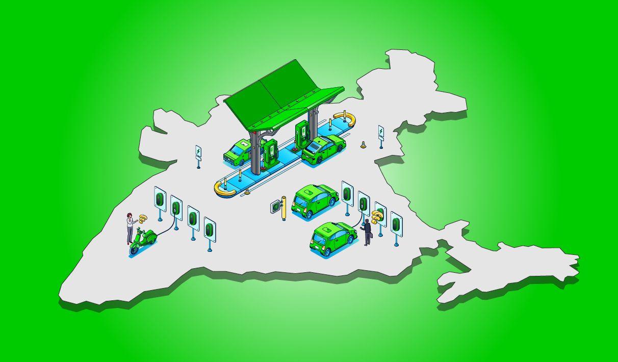 Illustration of a map of India. All across the map are charging stations powering different types of transport.