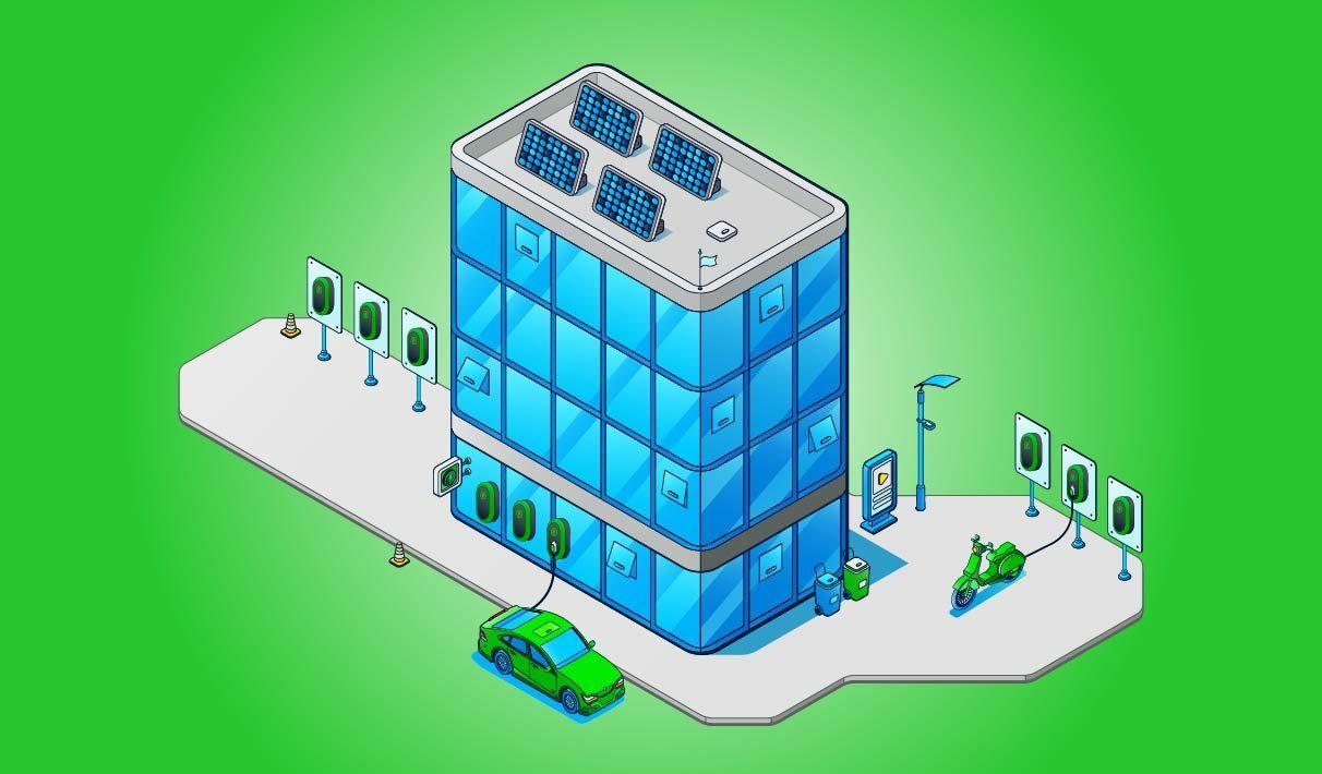 An image of an electric car and an electric motorcycle charging at a building with solar panels on its roof