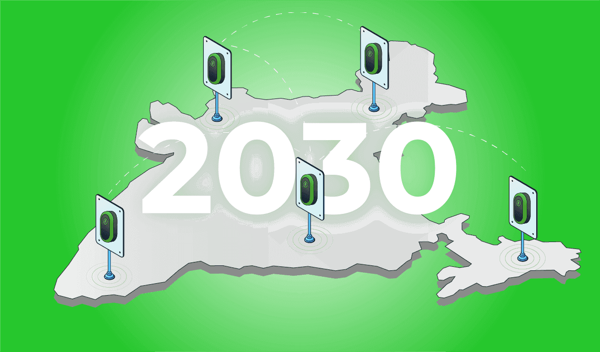 A graphic showing EV charging stations and the numbers "2030" on a map of India