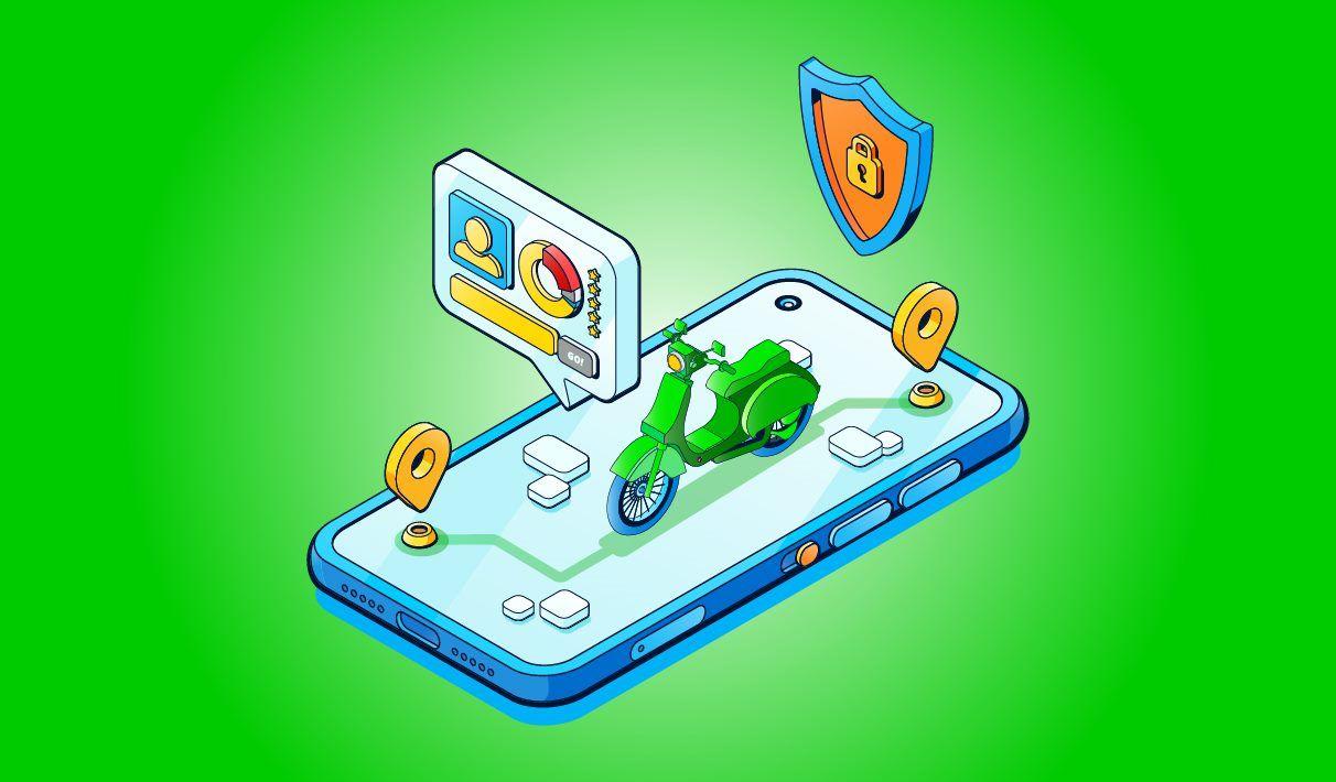 Illustration of an electric 2-wheeler sitting on top of a phone screen, with widgets for location, security, and diagnostics popping out of the screen.